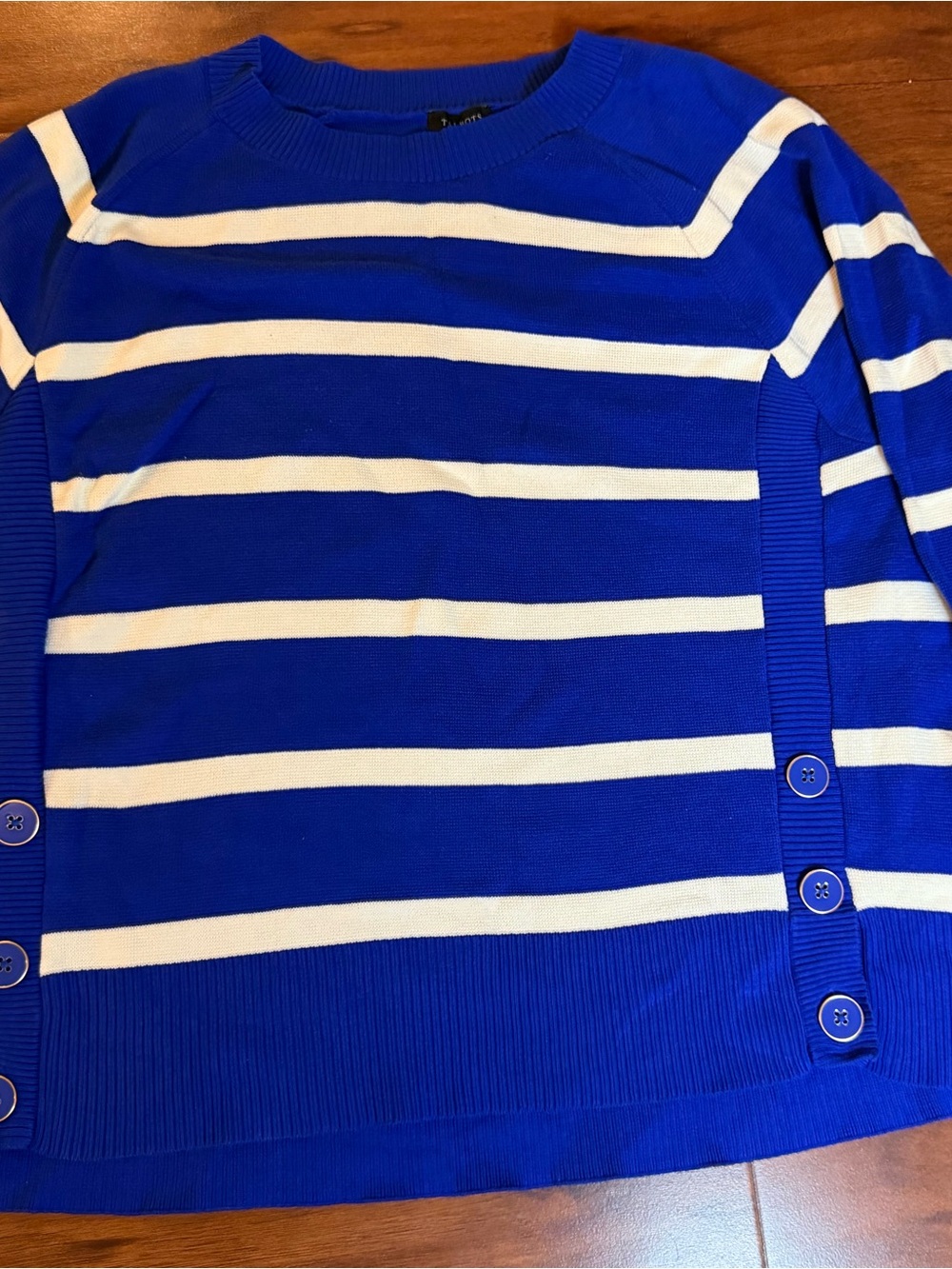 Talbots Blue and White Striped Crewneck Sweater with Side Button Trim